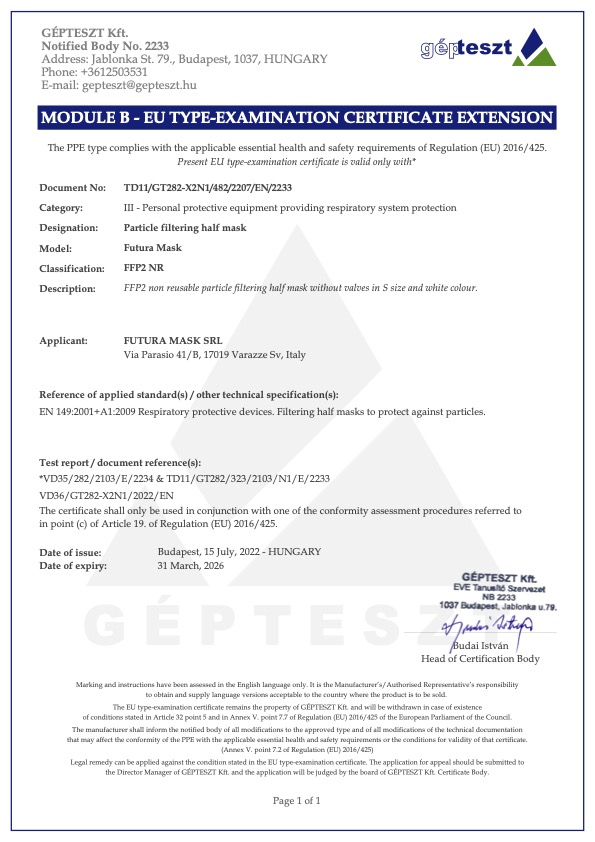 Certificazione CE 2233 mascherine FFP2 Futura
